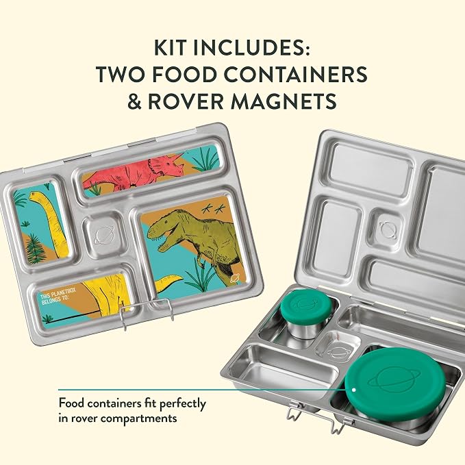 PlanetBox Rover Stainless Steel Bento Box Style Lunch Box Kit for Kids with 5 Compartments, Dino Dig Edition includes Insulated Lunch Bag, Leakproof Food Containers and Matching Jurassic Magnets