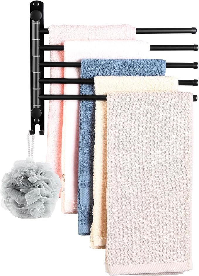 Swivel Towel Rack, 12.6 Inch Towel Bar with Wall Mounted 180° Rotation, 5 Arms Towel Hanger SUS 304 Stainless Steel, Space Saving for Kitchen, Bathroom, Outdoor, Matte Black