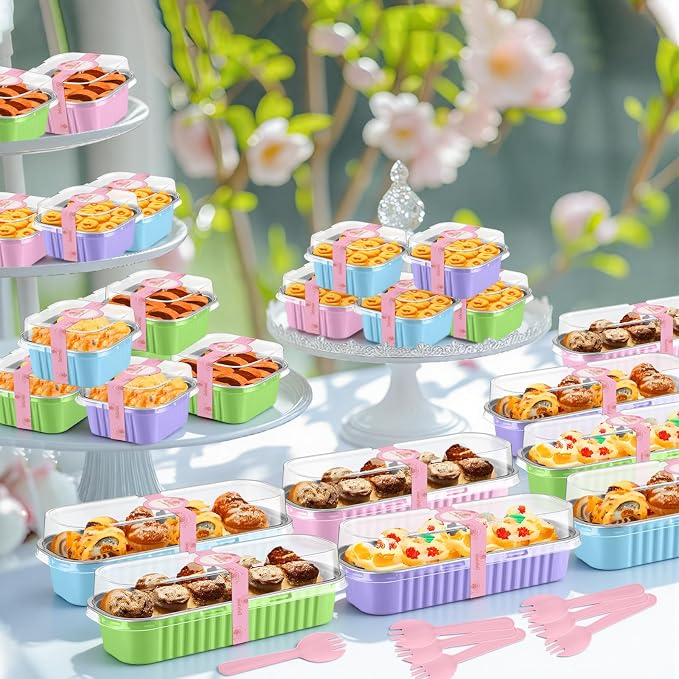 LemonRoad 120 Pcs Mini Loaf Pan with Lids and Spoons 6.8oz Rectangular Aluminum Foil Bread Pan 5oz Square Cake Cup with Decal Disposable Baking Supply for Graduate Wedding Birthday (Macaron Colors)