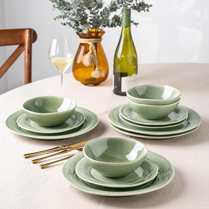AmorArc Ceramic Dinnerware Sets, Handmade Stoneware Reactive Glaze Plates and Bowls Set, Scratch Resistant | Dishwasher & Microwave Safe, Service for 4 (12pc)