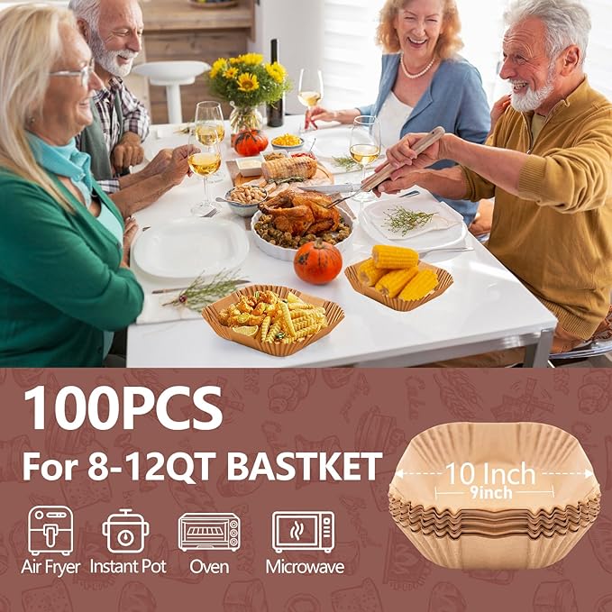 UBeesize XL 10 Inch Air Fryer Paper Liners,100 PCS Parchment Paper, Air Fryer Disposable Paper Liner for Microwave, Non-Stick Air Fryer Liners Square Free of Bleach(Bottom size 9 Inch)