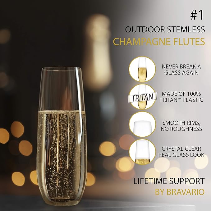 Bravario Plastic Champagne Flutes, Heavy Duty Unbreakable Stemless Tritan Glasses, BPA-free, Reusable, 8.5 oz, Set of 8
