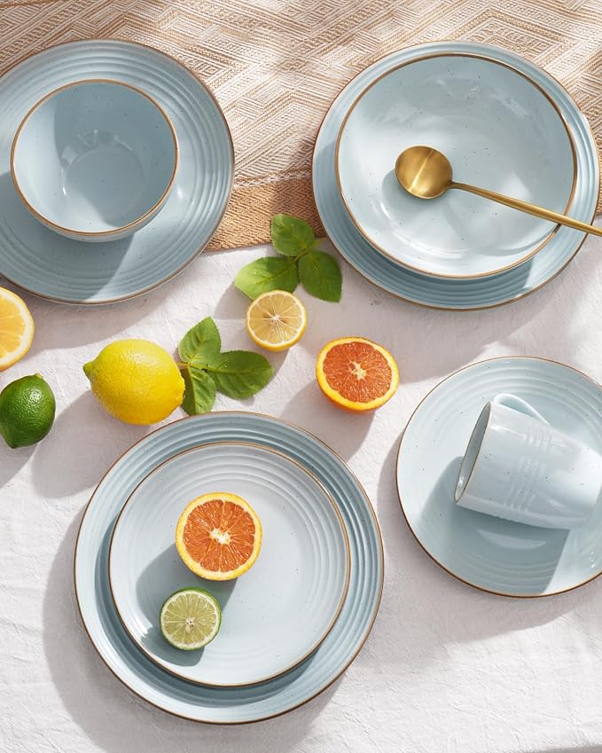 Famiware Jupiter 24-Piece Stoneware Dinnerware Set, Handcrafted Plates and Bowls with Speckles & Embossed Swirls, Chip/Scratch Resistant, Microwave/Dishwasher Safe, Rustic Dishes, Service for 8, Blue