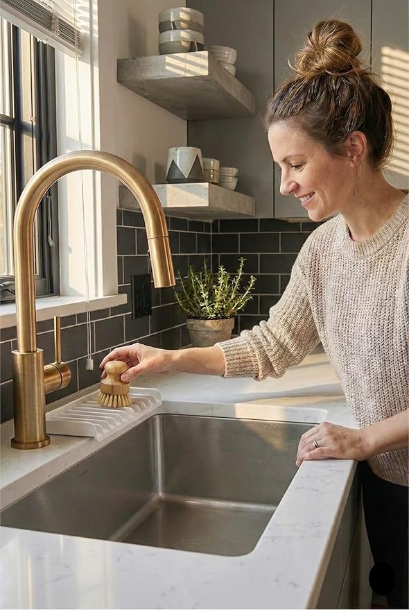 Effilogic Silicone Sponge Holder – Self-Draining Sink Organizer- Faucet Mat for Kitchen - Countertop Protector - Large White