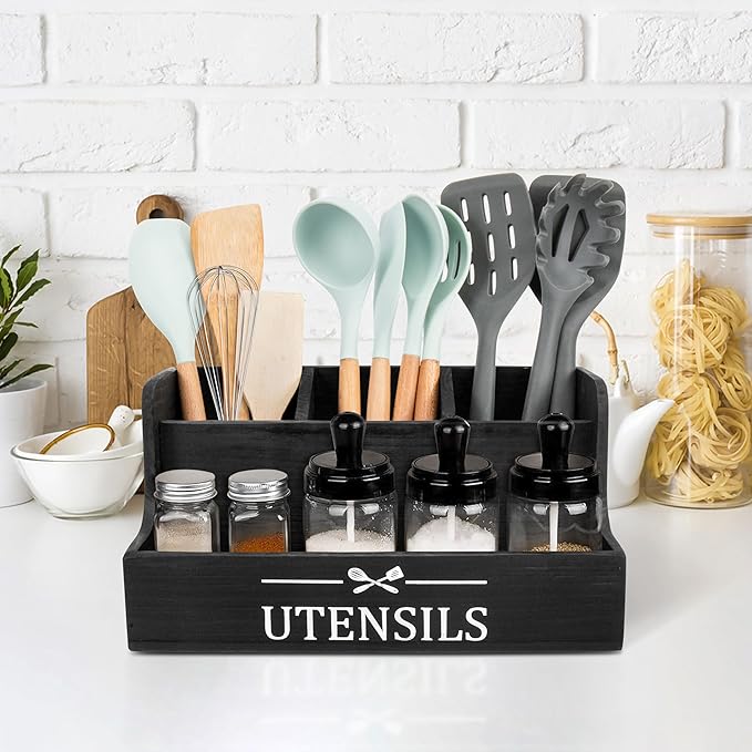 RedCall Extra Large Kitchen Utensils Holder 4 Compartments,Wood Utensil Organizer for Kitchen Countertop,Farmhouse Cooking Utensil Holder with Spice Storage space (Black)