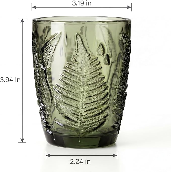 Green Drinking Glasses Set of 8, 10 oz Hand-Pressed Old Fashioned Glass Cups, Fern Textured Retro Lowball Tumblers, Vintage Glassware for Water, Whiskey, Wine, Cocktails & Juice, Housewarming Gift Set