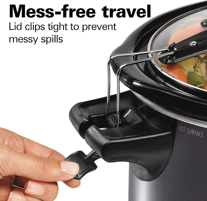 Hamilton Beach Portable 6 Quart Set & Forget Programmable Slow Cooker | Temperature Probe | Lid Lock For Easy Travel | Dishwasher Safe Crock & Glass Lid | Black Stainless Steel | 33866
