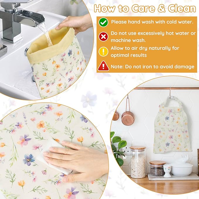 Reusable Beeswax Bread Bags - 2 Pack Bees Wax Food Bag, Homemade Sourdough Bread Storage, 2-in-1 Linen Cotton Large Freezer Container Home Baking Accessories with Lining (Wildflower)