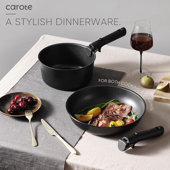 CAROTE 19Pcs Pots and Pans Set Non Stick, Cookware Set Detachable Handle, Nonstick Induction Kitchen Sets Non Stick with Removable Handle, RV Cook Ware, Oven Safe, Black