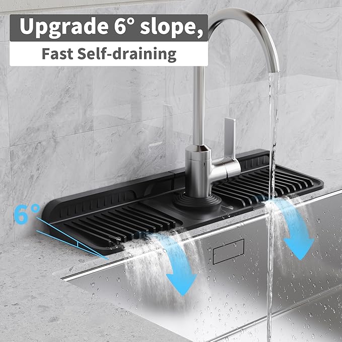 WAFT YEARN 17X5 Inch Silicone Durable Faucet Mat Kitchen Sink Splash Guard Draining Protector Tray Liner Absorbent Protective Counter Accessories For Sink Kitchen Bathroom Laundry Room Bar & RV Black