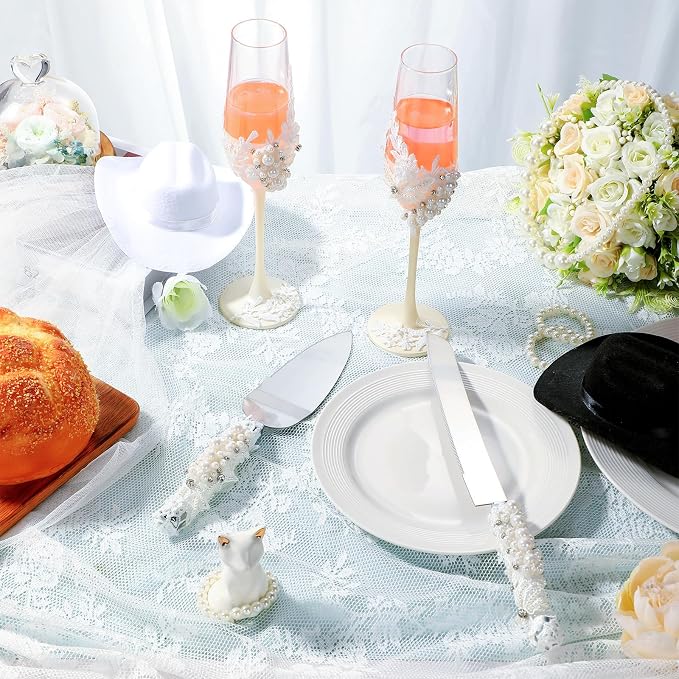 Boao Pearl Wedding Champagne Flutes and Cake Knife Server Set of 4, Champagne Flutes Toasting Glasses with Pearls for Bride and Groom Engagement Anniversary Bridal Shower Gifts (Mr and Mrs,Rose Gold)