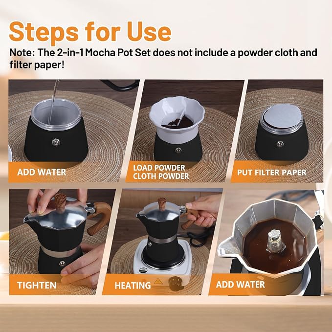 2-in-1 Aluminum Moka Pot Set with Electric Stove Classic Stovetop Espresso Coffee Maker 150ml 5oz Mocha Express Portable Gift Camping Travel Preferred Cafe Italian Cuban Café Brewing 3 Cup