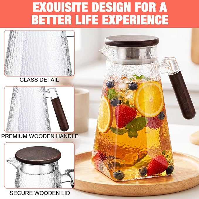 60 oz 1.8l Glass Pitcher with Lid, Borosilicate Glass Carafe with Solid Walnut Handle, Spout, Heat-resistant Beverage Jug for Iced Tea, Lemonade, Cold Brew, Fridge Safe(Hammered Texture)
