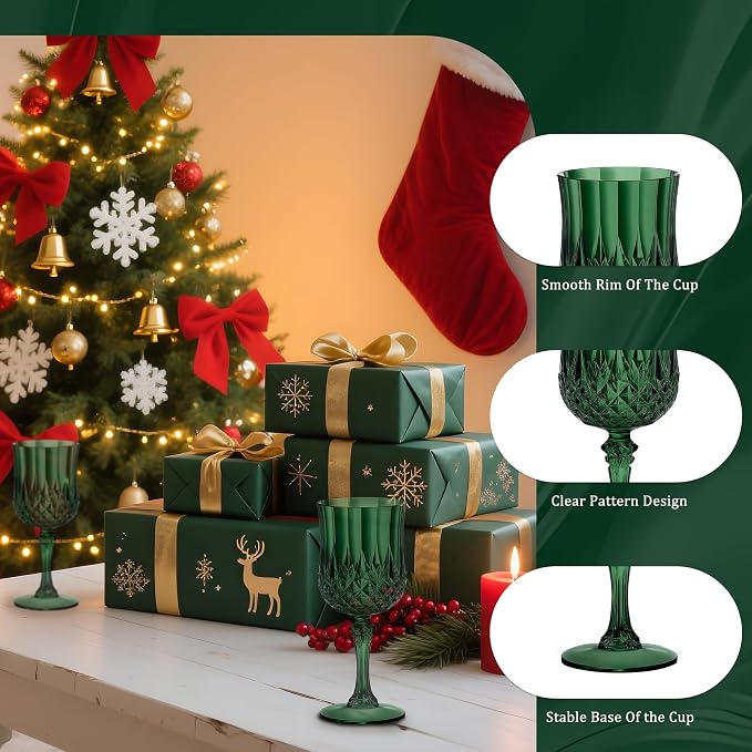 7OZ Plastic Wine Glasses, Reusable Vintage Goblets Unbreakable Drinking Glasses Crystal Water Cups Champagne for Wedding, Parties (12, Dark Green)