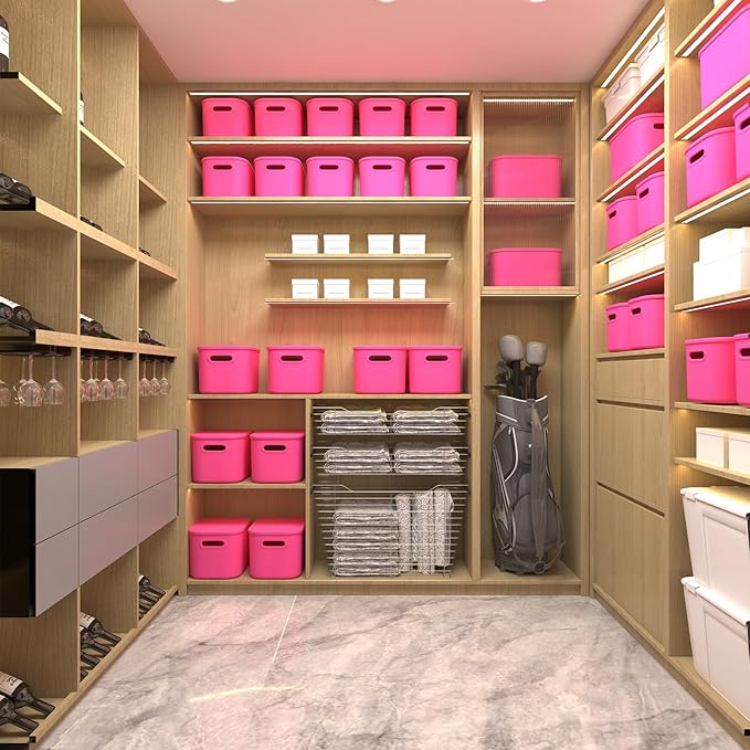 ORGIDOL 6 Pack Pink Storage Bins with Lids Stackable Storage Container for Organizing, Storage Boxes with Handle for Shelves, Cute Storage Bin for Craft, Snacks, 9.85x6.9x5.7 inch