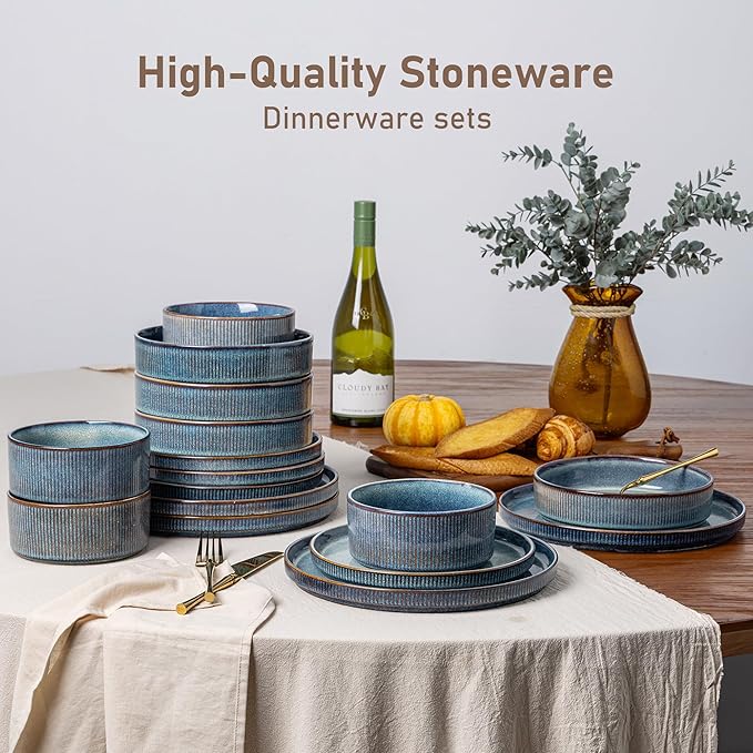 GBHOME 24-Piece Stoneware Dinnerware Set for 8 – Ribbed Ceramic Plates and Bowls, Scratch-Resistant, Microwave & Dishwasher Safe, Reactive Glaze, Ceylon Blue
