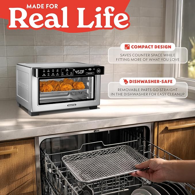 Gourmia Toaster Oven Digital Air Fryer - Convection Mode with 4 Slice Capacity, 3 Rack Positions, 12 Presets, Toast, Bagel, Bake, Roast, Broil, Dehydrate, Popcorn, Fits 9" Pizza, Stainless Steel