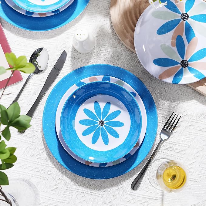 Melamine Dinnerware Set 12 Pieces Outdoor, Spring Party Blue | Flowers Pattern, Unbreakable Plates & Bowls, Dishwasher Safe, Lightweight, For Picnic Pool Party Camping