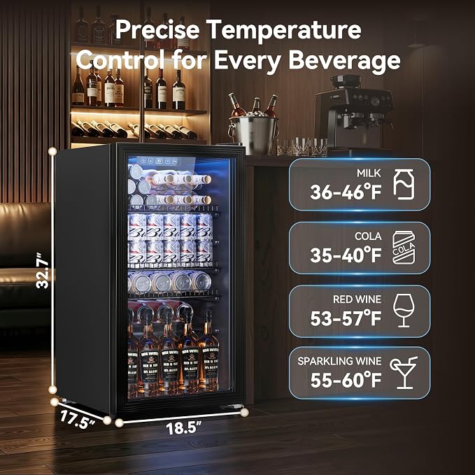 Tehanld Beverage Fridge, 130 Can Mini Fridge With Glass Door, Beverage Cooler Refrigerator, Wine Drink Beer Cooler, Adjustable Shelves & Digital Temperature Display