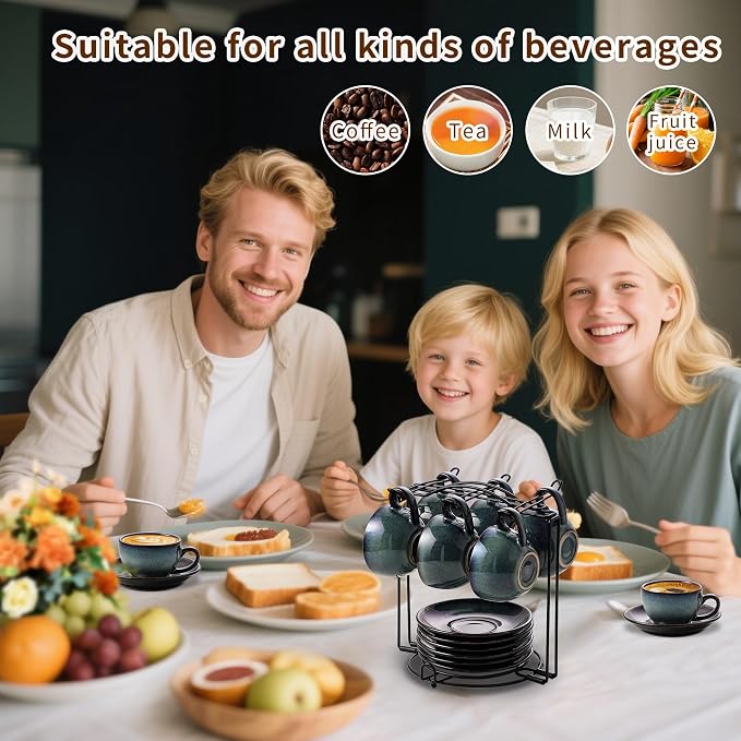 6 sets of 4OZ green coffee cup saucer sets, ceramic coffee cups with metal display racks, unique kiln enamel technology, suitable for tea, espresso, latte, cappuccino (6, Green, 4, ounces)
