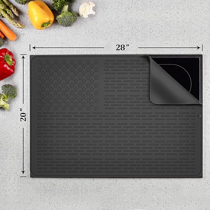 AWINNER Silicone Electric Stove Cover Mat,Ceramic Stove Heat Resistant Glass Cooktop Flat RV Range Stovetop top Protector,XL Dish Drying Mats for Kitchen Stars Stripes Design (Silicone Black, 28"x20")