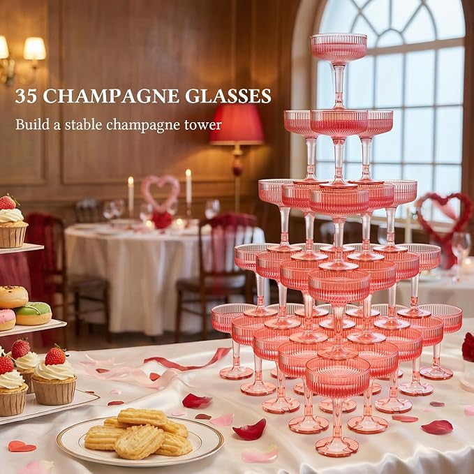 Goodluck 5-Tier Champagne Glasses - 35 PCS 7oz Pink Plastic Champagne Flutes, Plastic Coupe Glasses with Vertical Stripes for Weddings, Celebrations, Parties & Birthdays