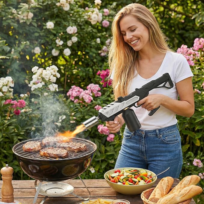 Propane Torch Gun, Detachable & Adjustable Flame Thrower Gun, 1800℃ Heavy Duty Blow Torch for BBQ, Searing Steak, Campfire Starter, Ice Melting and Soldering, Sliver (Tank Not Included)