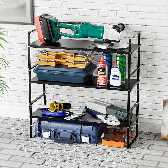 SANNO 3-Shelf Expandable Kitchen Organizer, Sturdy Metal Shelves, Stackable Counter Shelves, 16.54-27.17 inches Long, 60 lbs Weight Capacity