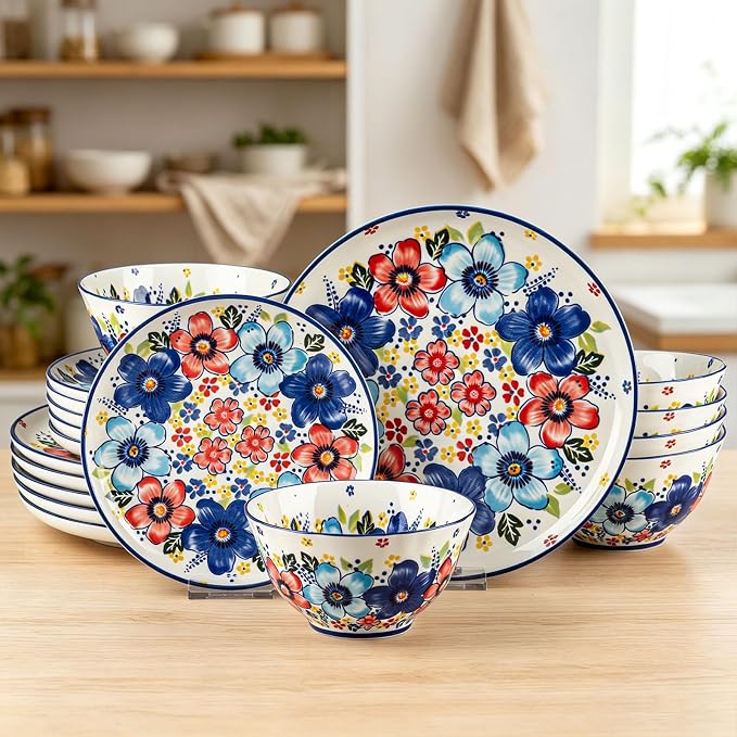18-Piece Vibrant Floral Ceramic Dinnerware Set, Service for 6, Colorful Floral Plates and Bowls, Microwave & Dishwasher Safe, Bohemian Style Porcelain Dish Set