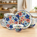 18-Piece Vibrant Floral Ceramic Dinnerware Set, Service for 6, Colorful Floral Plates and Bowls, Microwave & Dishwasher Safe, Bohemian Style Porcelain Dish Set