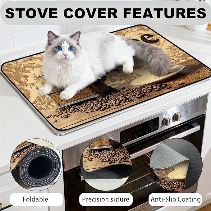 Stove Top Cover for Electric Stove, Vintage Farmhouse Style Glass Cooktop Protector, Multi-functional Kitchen Counter & Washer Top Cover