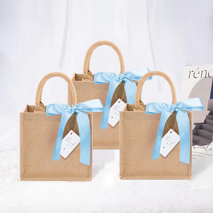 6 Pack Burlap Tote Bags with Handles Reusable Mini Jute Gift Bags with Blue Silk Ribbons Waterproof Lining for Wedding Bridesmaid Mother's Day Bachelorette Beach Party