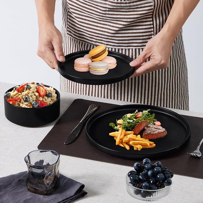 E-far 16-Piece Black Plates and Bowls Sets - Stoneware Dinnerware Sets with Pasta Bowls for 4 | Matte Black Kitchen Modern Dish Set, Microwave & Dishwasher Safe