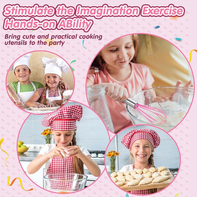RoundFunny 48 Pcs Kids Mini Baking Supplies with Kitchen Utensil, Pot Holders, Spatula, Rolling Pin, Whisk for Kids Classroom School Exchange Party Favors (Medium)