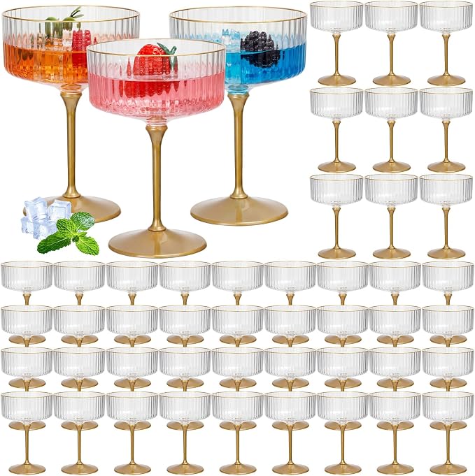 Jingmore Ribbed Martini Glasses 10 oz Disposable Plastic Vintage Ribbed Coupe Glasses with Gold Rim Cocktail Unbreakable Dessert Parfait Glassware for Wedding Party Supplies (Gold,48 Pcs)