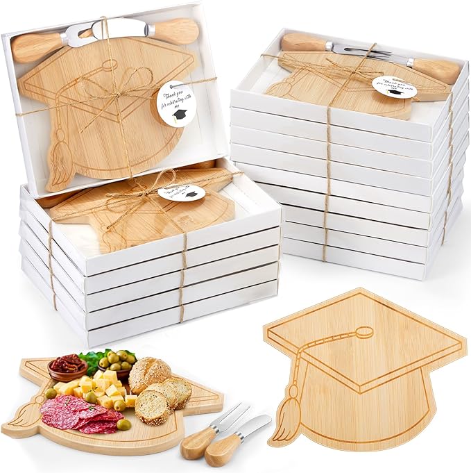 Ziliny 12 Sets Graduation Party Favors Graduation Cap Cheese Board Set with Knives Forks Gift Box for 2026 Class School Party