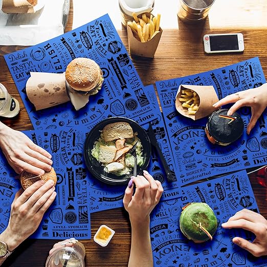 Outus 600 Pcs 12 x 12 Inch Deli Wax Paper Sheets Grease Resistant Tray Basket Liners Newsprint Paper Water and Grease Proof Sandwich Wrapping Square Hot Dog Wrapper for Food Baking (Blue)