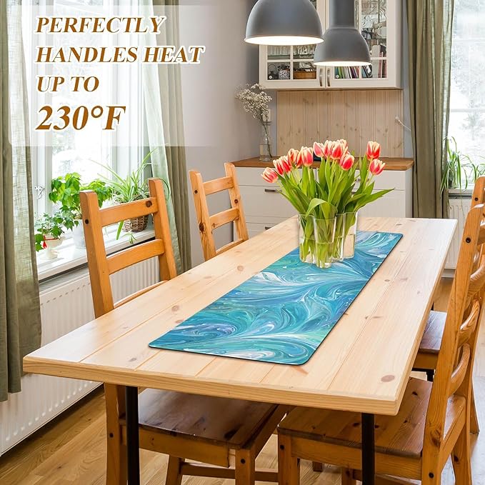 2 in 1 Table Runner Trivet for Hot Pots and Pans Heat Resistant Non Slip Waterproof 39 x 12 Inch Decorative Table Protector for Kitchen Countertop Turquoise Blue Swirl Marble