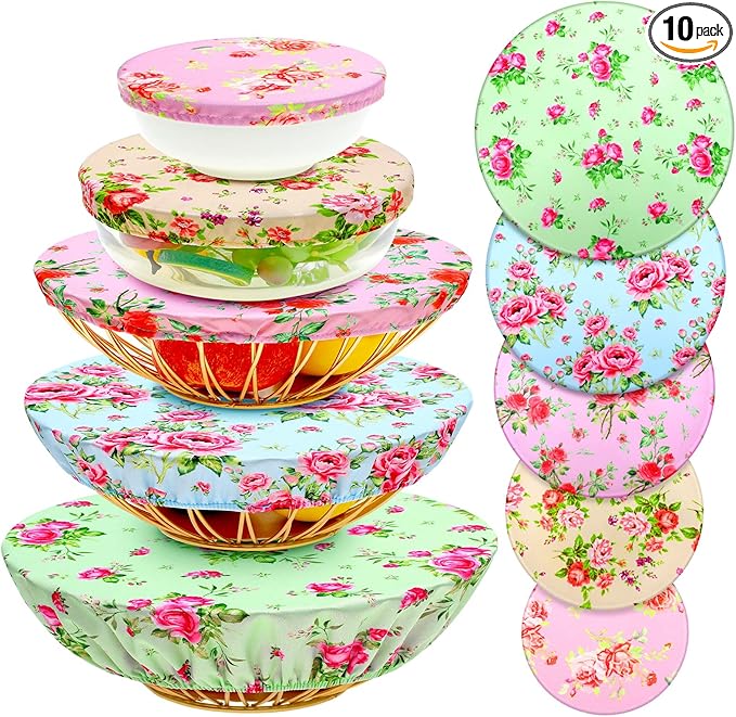 Patelai 10 Pcs Bowl Covers Reusable in 5 Size Stretch Cloth Fabric Elastic Food Storage Bowl Covers Bread Sourdough Lids for Proofing Food Fruits Leftover(Red, Pink, Green,Floral Style)