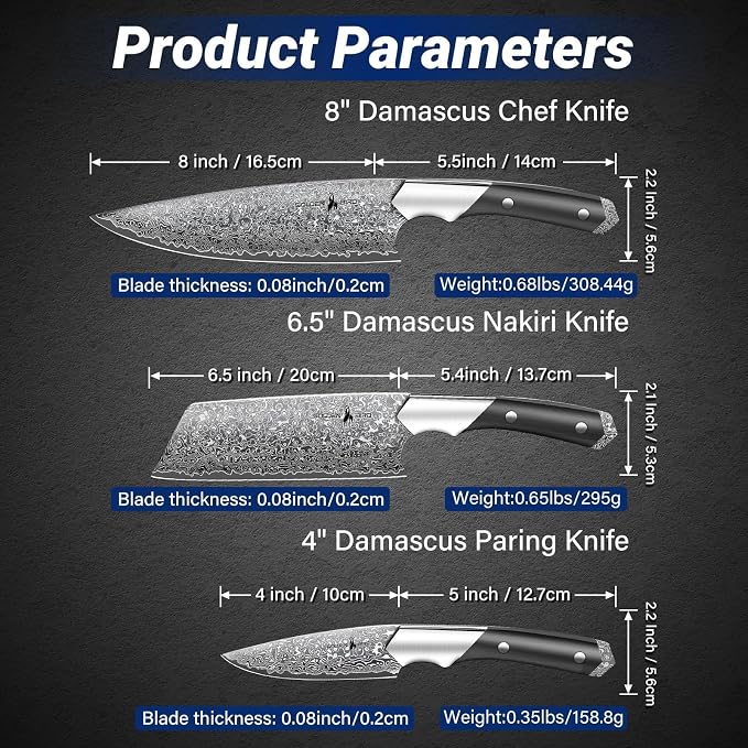 Golden Bird Damascus Kitchen Knife Set, 3 PCS Chef Knife Set Professional, Razor Sharp 67 Layers Damascus Japanese Knives Set for Kitchen with Wood Handle,Gifts for Men Women