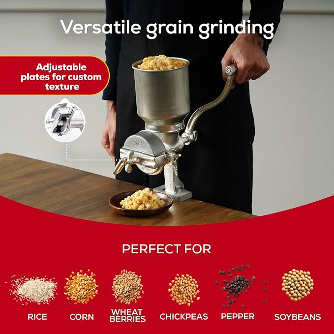 Corona Corn Grinder with High Hopper, Grain Mill, Manual Grinder For Corn, Rice, Soybeans, Pepper, Chickpeas, Cast Iron Wheat Grinder For Domestic Use
