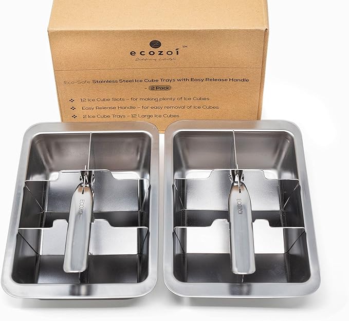 Ecozoi Stainless Steel Metal Ice Cube Trays With Easy Release Handle - 2 Pack | 12 Large Ice Cube Slots | Removable Slots For Easy Ice Cube Removal And Cleaning | Eco Friendly, Plastic Free