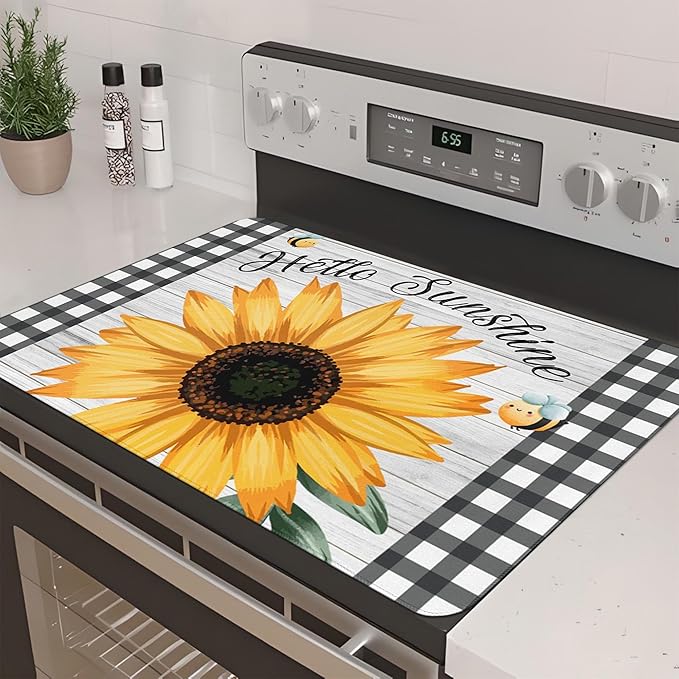 Decorative Stove Top Covers for Electric Stove 28"x20" – Heat Resistant Glass Cooktop Protector Dish Drying Mat – Non-Slip Rubber Backing Washer Top Cover Waterproof Extra Counter Space (Sunflower 1)