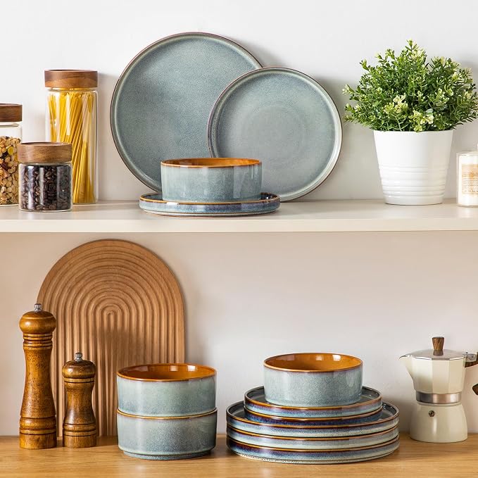 vancasso ONION Ceramic Plates and Bowls Sets, 12 Pieces Light Blue Dinnerware Sets for Kitchen, Reactive Glaze Dishes Set for 4, Dishwasher and Microwave Safe