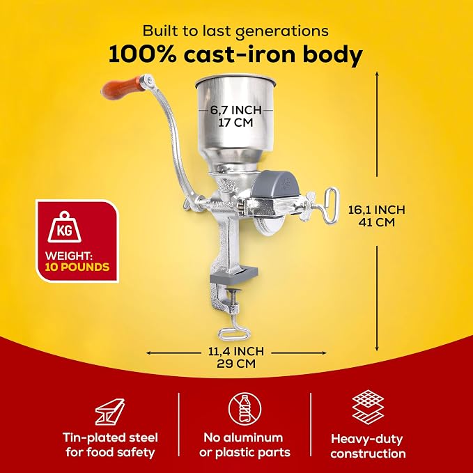 Corona Corn Grinder with High Hopper, Grain Mill, Manual Grinder For Corn, Rice, Soybeans, Pepper, Chickpeas, Cast Iron Wheat Grinder For Domestic Use