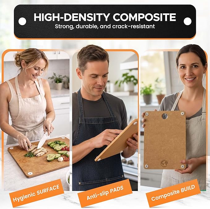 Composite Wood Cutting Board Set of 3 – Dishwasher Safe, Non-Toxic & Plastic-Free Cutting Boards for Kitchen – Large, Medium & Small Non-Slip Wood Charcuterie & Chopping Boards (Tan)