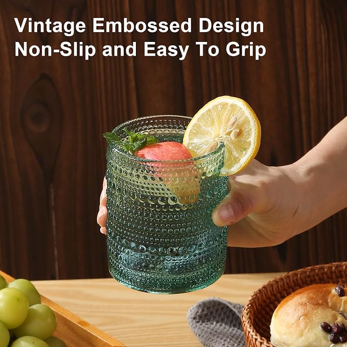 ZMOWIPDL Vintage Glassware Drinking Glasses Set of 12,Light Blue 12oz & 15oz Hobnail Glass Cups,Embossed Water Tumbler,for Beer,Cocktail,Whiskey,Juice and Various Mixed Drinks- 1 Cleaning Brush