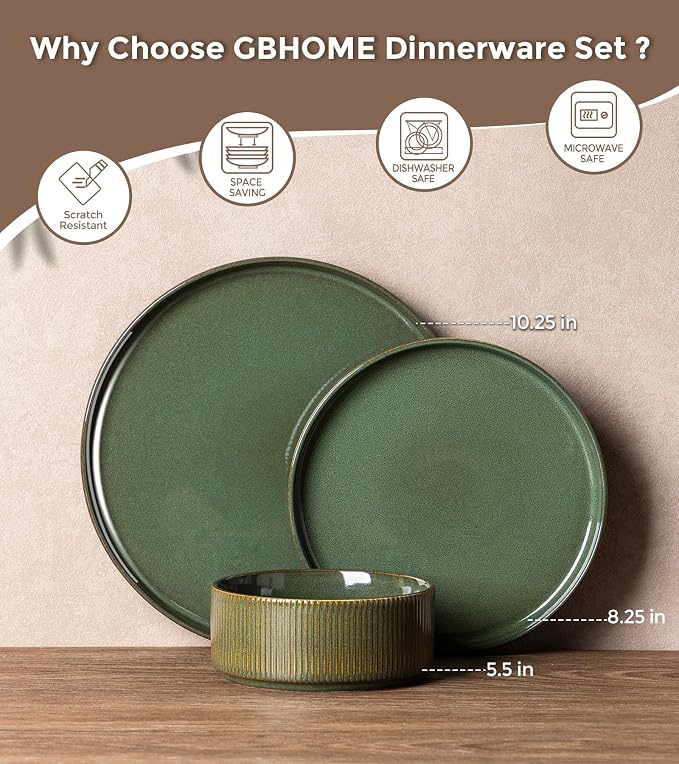GBHOME Stoneware Dinnerware Sets for 4, 12 Pieces Lightweight Ceramic Ribbed Plates and Bowls Set, Reactive Glaze Stackable Plate Sets, Scratch Resistant Dishes, Microwave & Dishwasher Safe,Sage Green