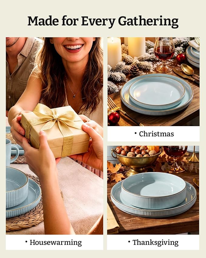 Famiware Star 12-Piece Stoneware Dinnerware Set for 4 – Blue, Ribbed Ceramic Plates and Bowls with Rim – Modern Rustic Dishes, Everyday & Formal – Chip & Scratch Resistant, Microwave & Dishwasher Safe
