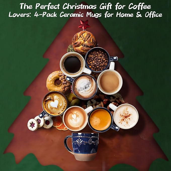 Artena Ceramic Coffee Mugs Set of 4, 16oz Embossed Large Latte Mugs Coffee Cups with Handle for Tea, Latte, Cappuccino & Cocoa, Milk Dishwasher & Microwave Safe, Blue (Multiple Patterns)